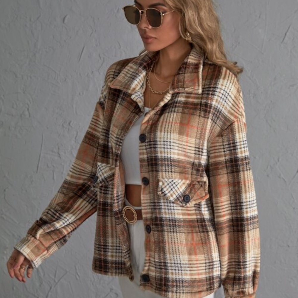 Tan Brown Plaid Oversized Button up Jacket Shacket - Picture 2 of 4